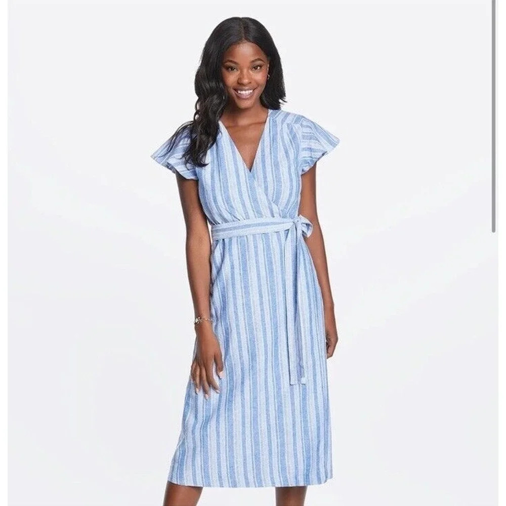 Draper James Linen Cotton Blend Midi Dress Wrap Tie Cap Sleeve Striped Size 6